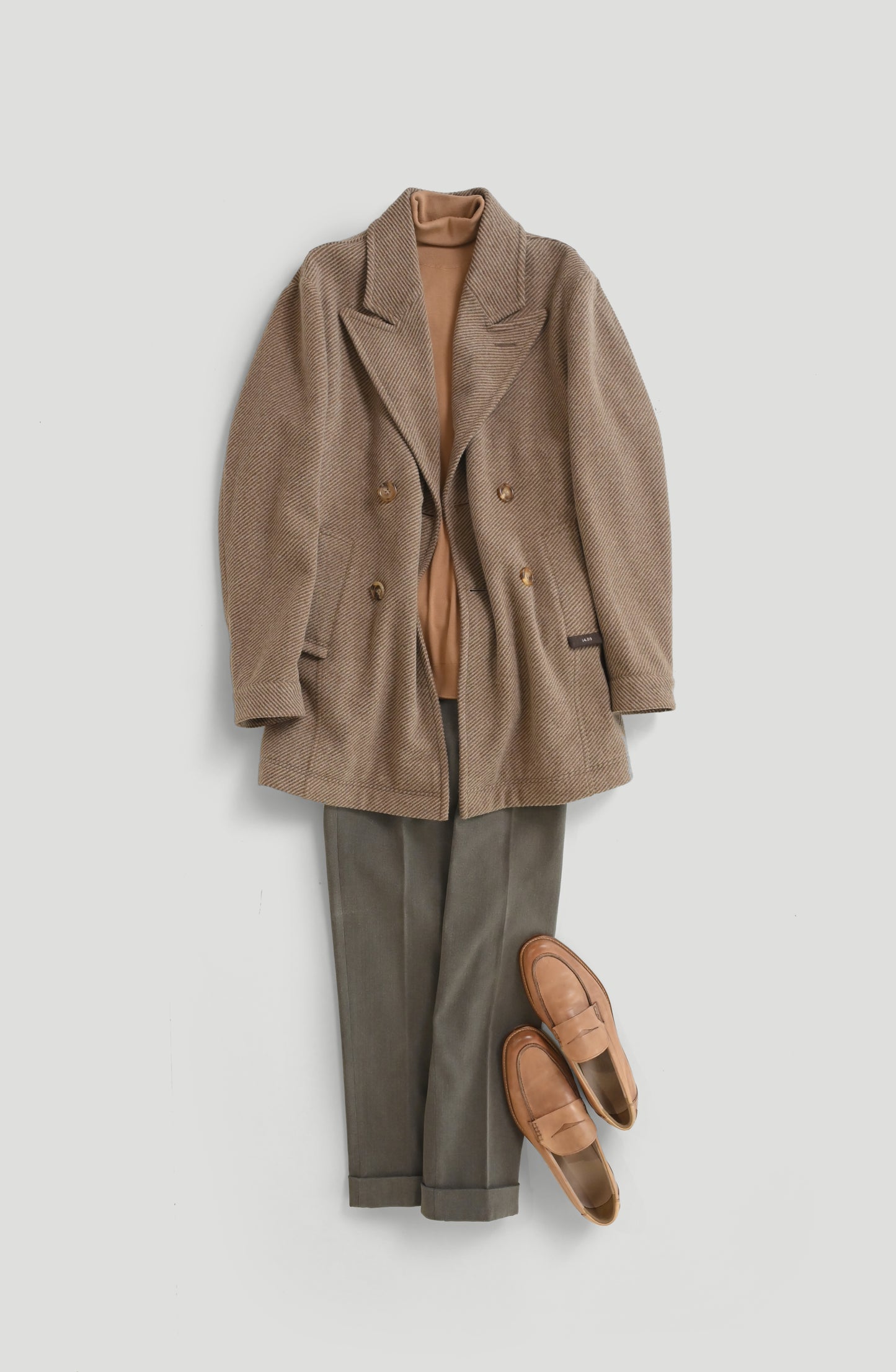 brown peacoat full look