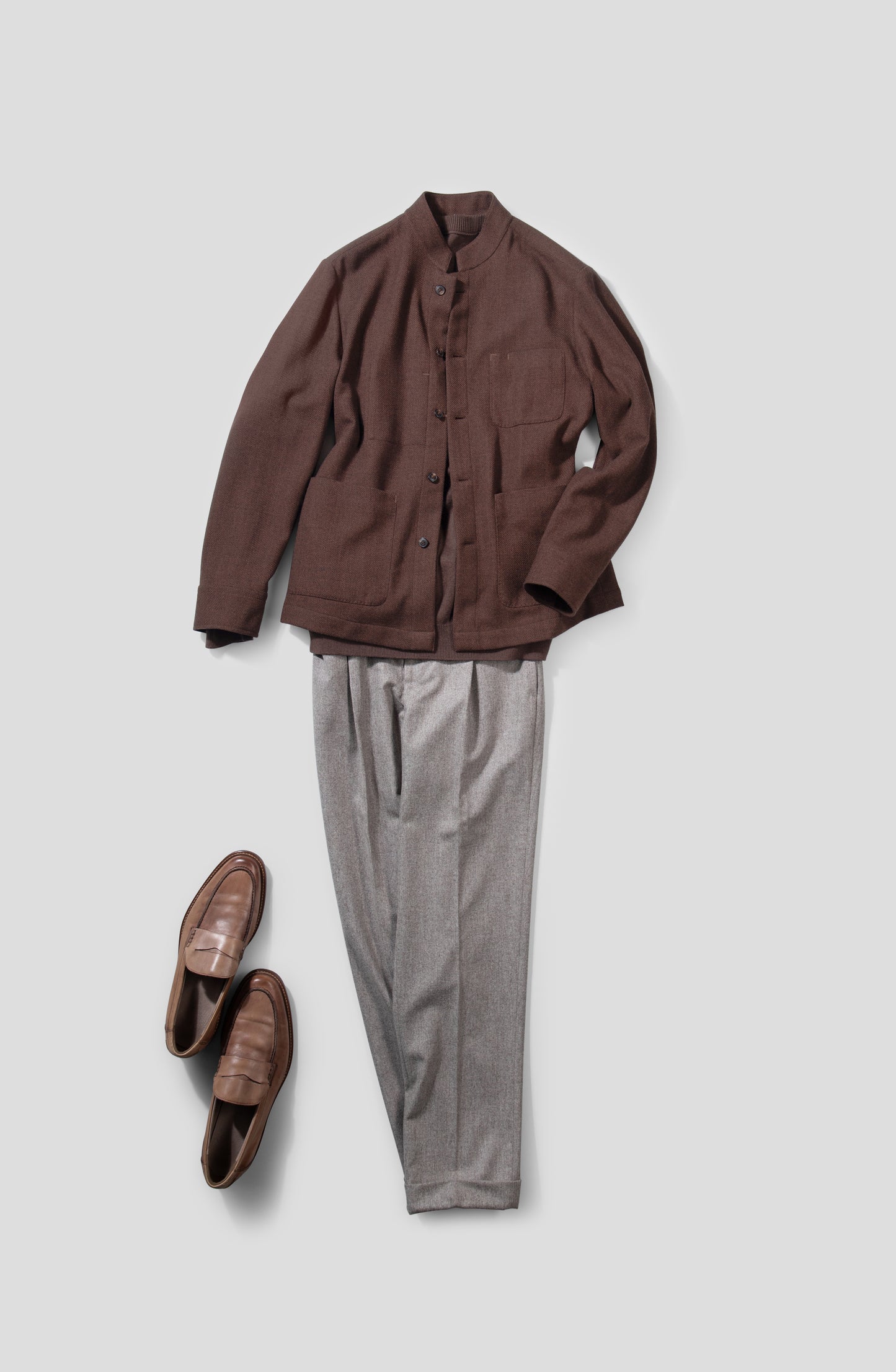 brown color chore jacket full look